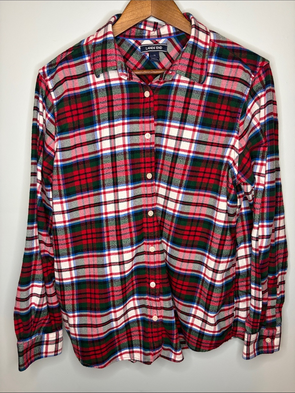 Lands' End Woman’s Red Plaid Button-Down Flannel Shirt